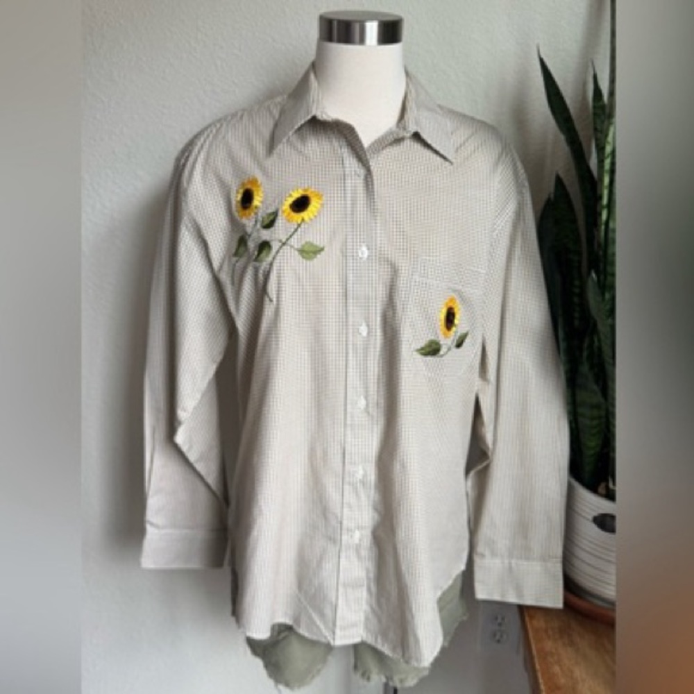 Sunflower Embroidered Button-Up Shirt